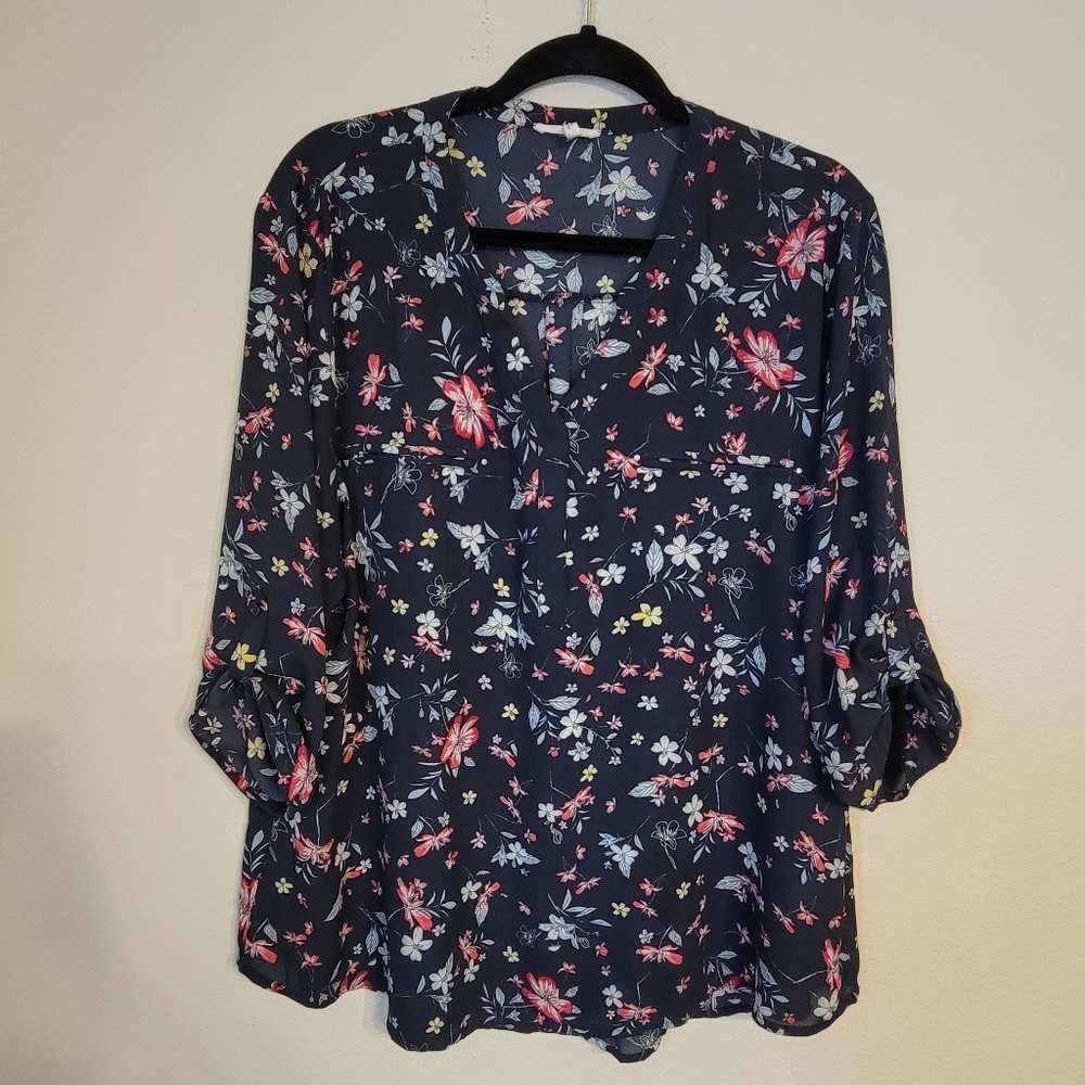 Maurices Blouse Navy Blue Floral Print 3/4 Roll Tab Sleeve Top XXL 2X